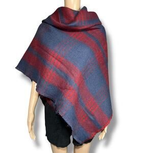 Womens Woven Knit Plaid Scarf Wrap with Fringe Blue Red Soft and Warm